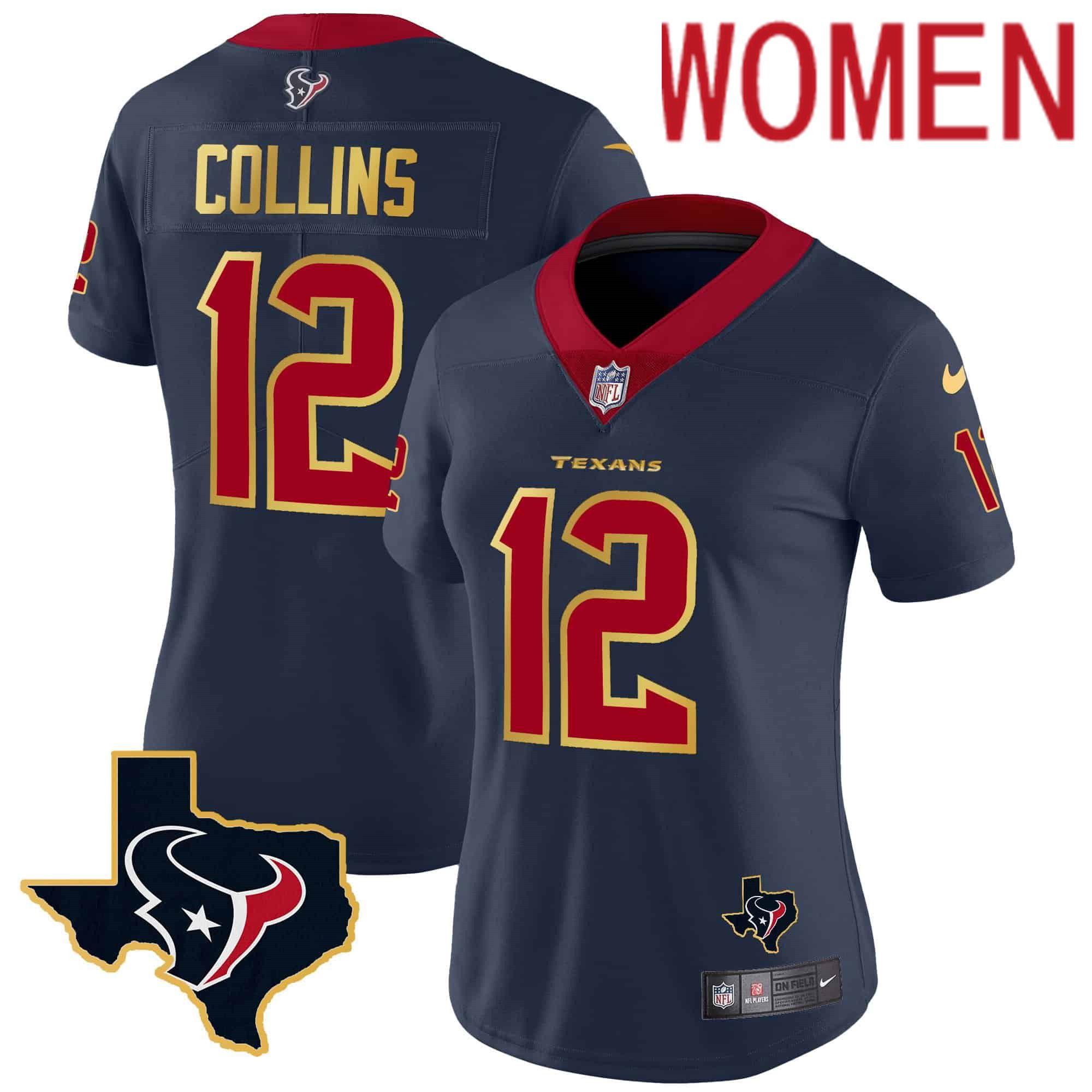 Women Houston Texans #12 Collins Dark blue Gold 2024 Nike Trim Vapor NFL Jersey style 1